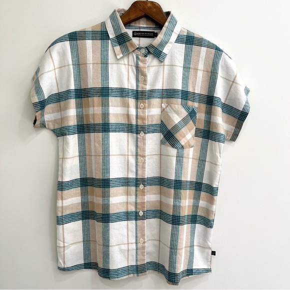 United by Blue Landmark Button Down Shirt Hemp Organic Cotton Blue Tan Plaid SM - Picture 2 of 9